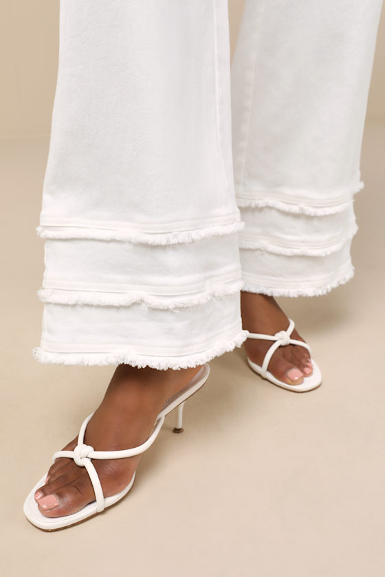 White Denim Twill Pants - Wide-Leg Pants - Tiered Frayed Pants - Image 4
