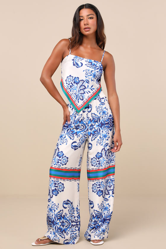 Tulla White and Blue Floral Satin Handkerchief Cami Top - thumbnail 4