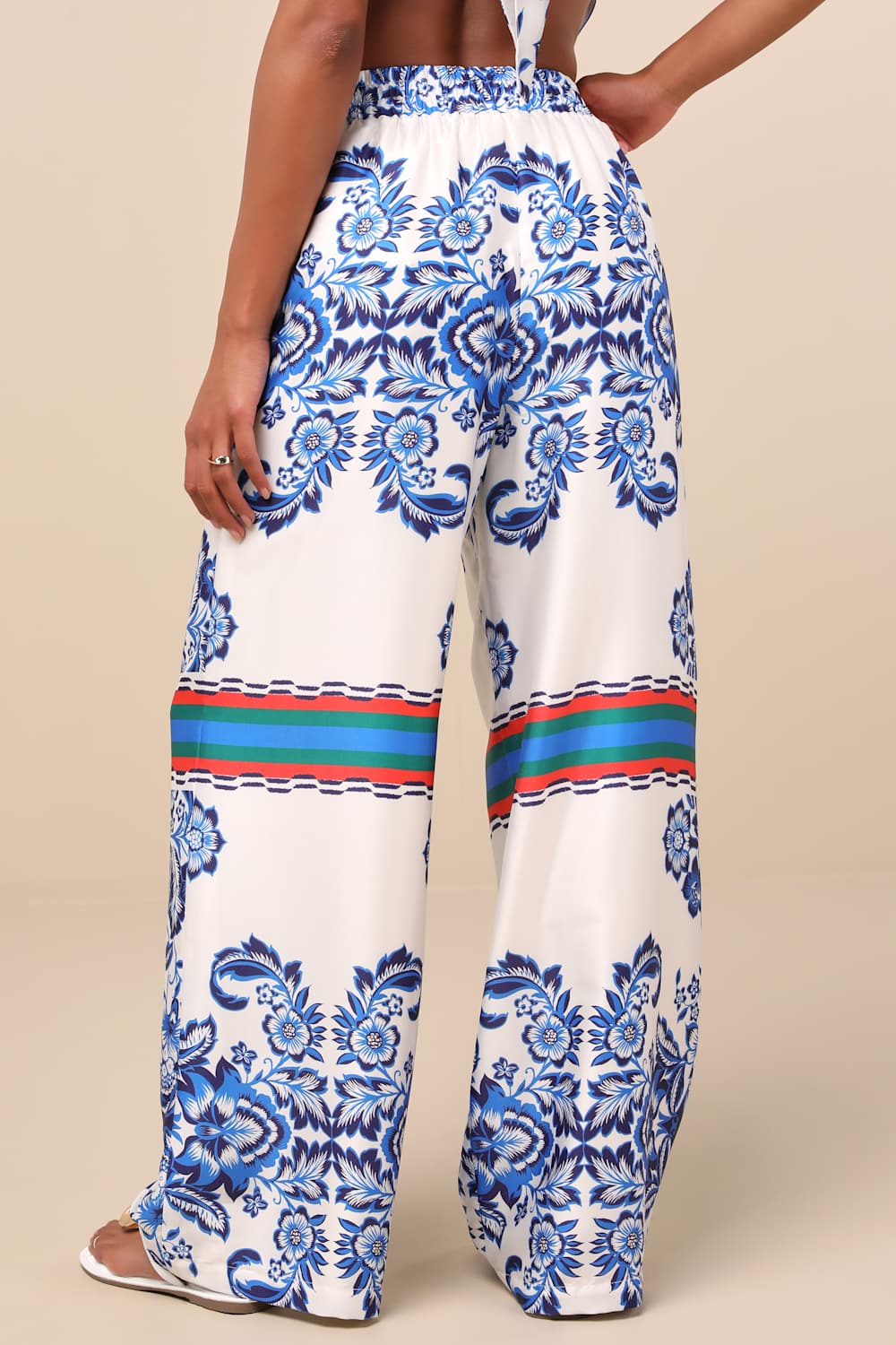 Tulla White and Blue Floral Satin Wide-Leg Pants