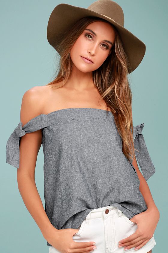 Cute Navy Blue Off-the-Shoulder Top - Tie Sleeve Top - Lulus