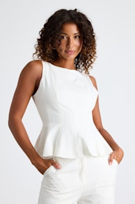 Matija White Pinstriped Boat Neck Peplum Sleeveless Top 1