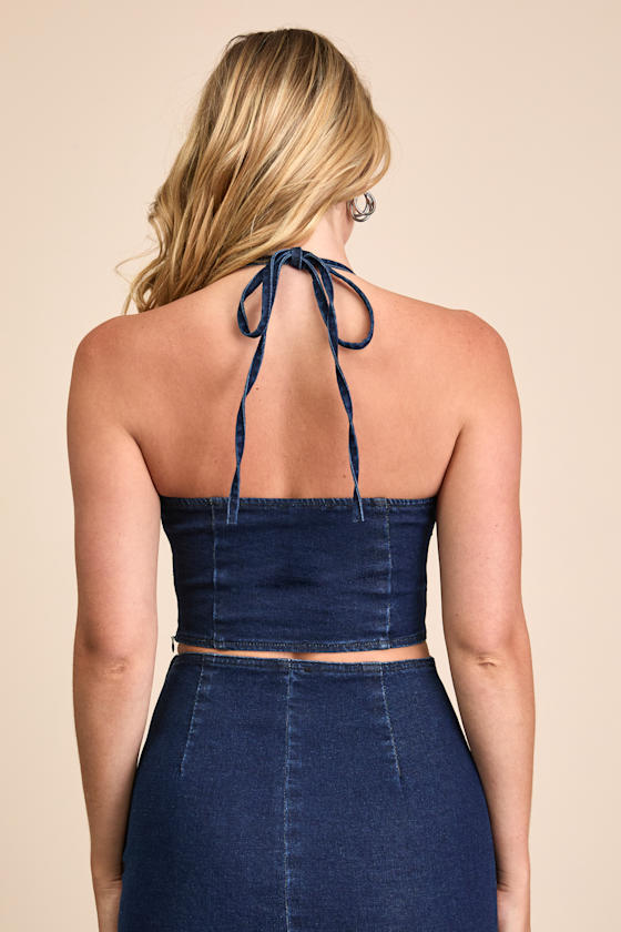 Helaine Dark Wash Denim Halter Crop Top 2