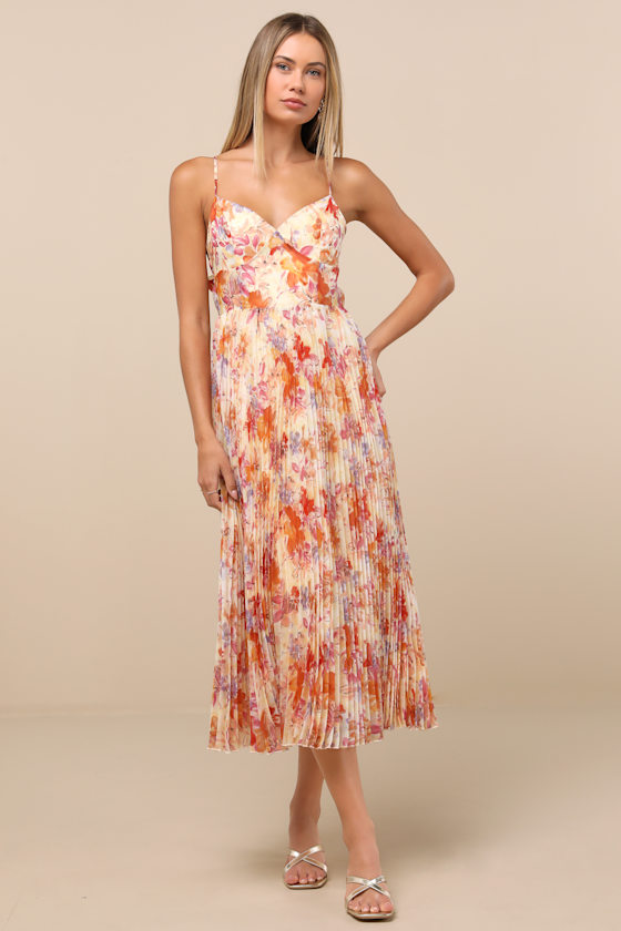 Alondra Light Yellow Multi Floral Pleated Midi Dress