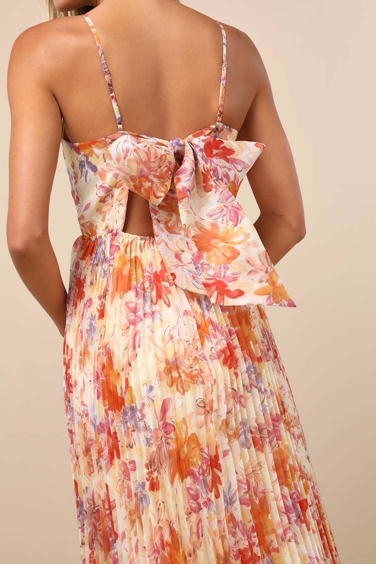 Alondra Light Yellow Multi Floral Pleated Midi Dress
