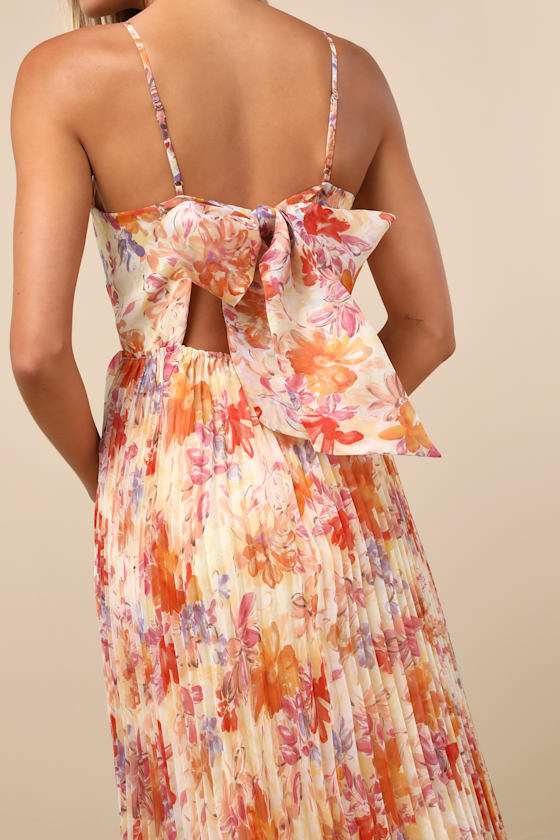 Alondra Light Yellow Multi Floral Pleated Midi Dress 3