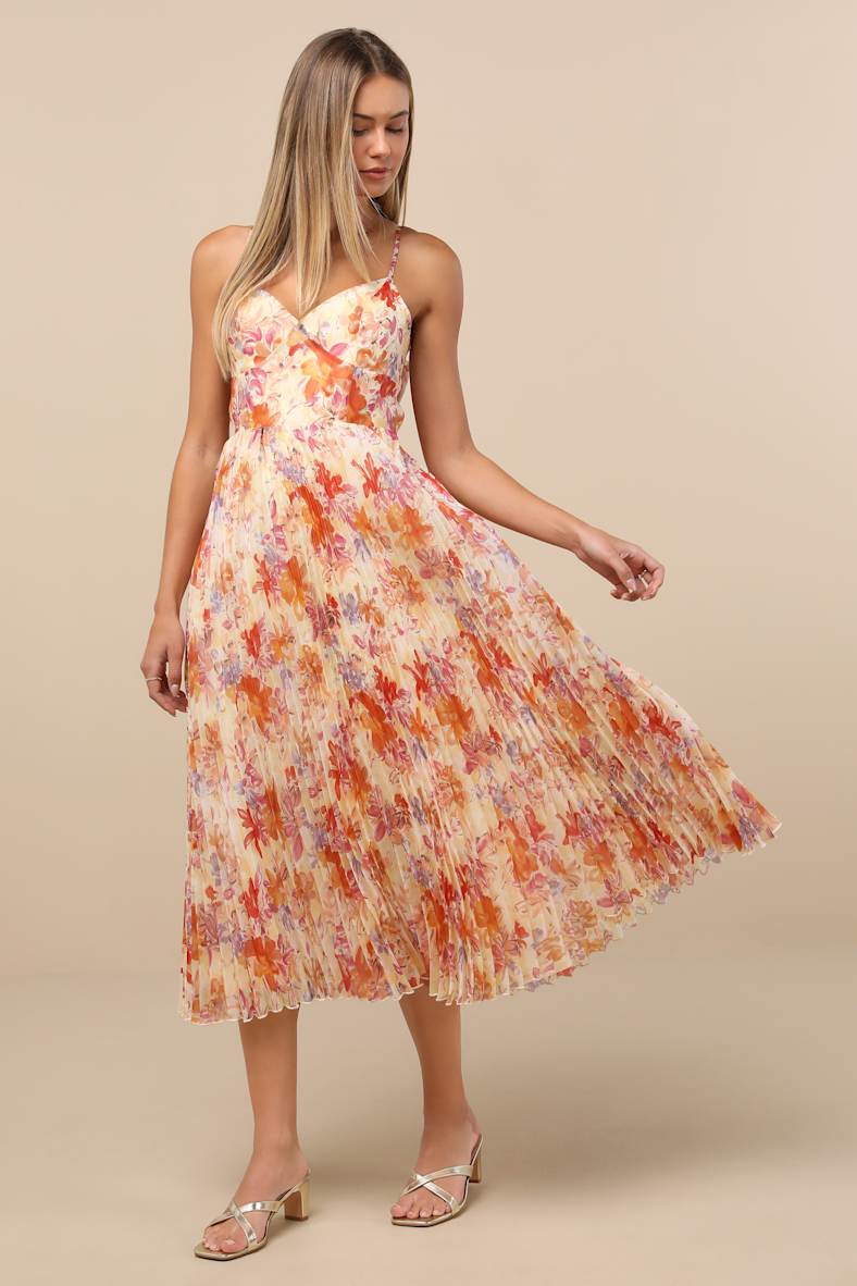 Alondra Light Yellow Multi Floral Pleated Midi Dress