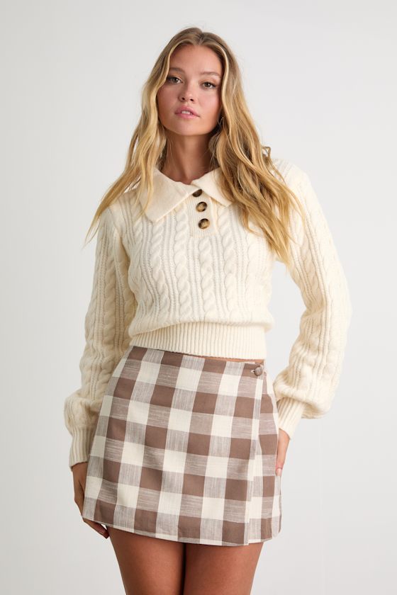 Tillie Brown and White Gingham High-Rise Skirt 2