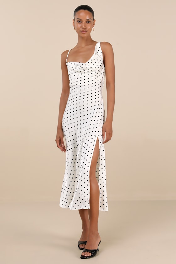 Lulus Matea White Polka Dot Satin Cowl Tie-back Midi Dress