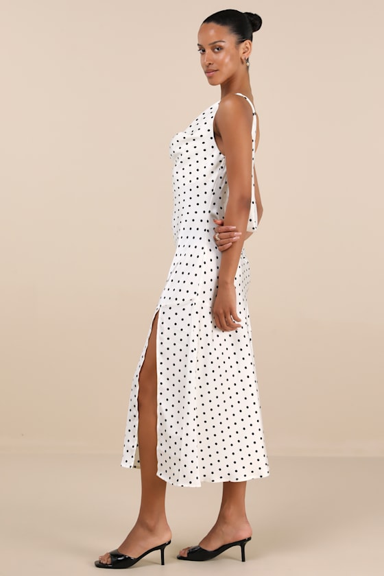 Lulus Matea White Polka Dot Satin Cowl Tie-back Midi Dress