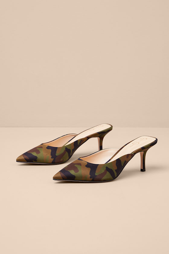 Belvaen Forest Camo Satin Mule Pumps 3