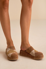 Whammy Brown Multi Patchwork Suede Platform Mule Clogs 1