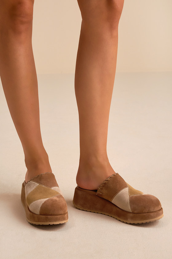 Whammy Brown Multi Patchwork Suede Platform Mule Clogs 1