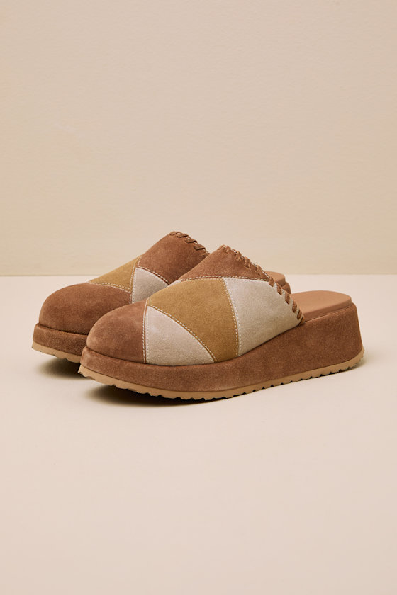 Whammy Brown Multi Patchwork Suede Platform Mule Clogs 2
