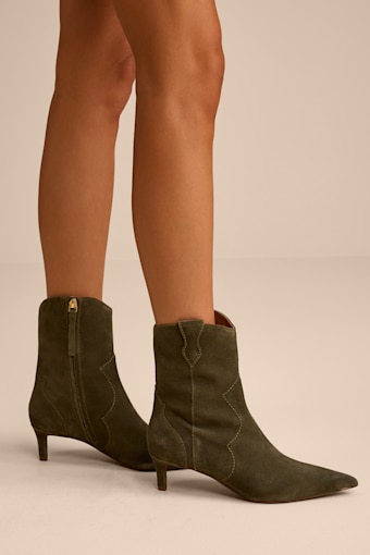 Dallas Olive Suede Leather Western Kitten Heel Booties 1