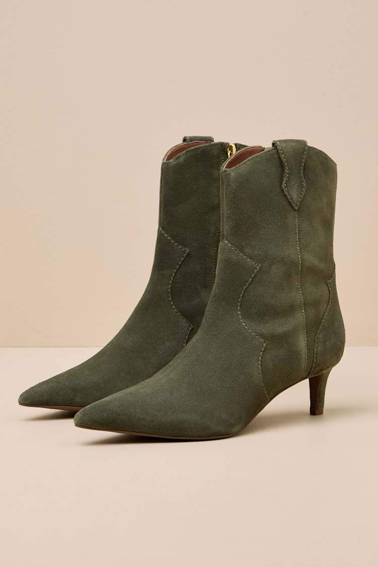 Dallas Olive Suede Leather Western Kitten Heel Booties