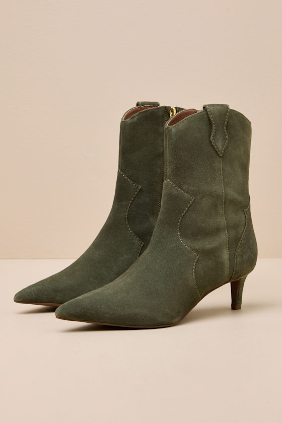 Dallas Olive Suede Leather Western Kitten Heel Booties 1