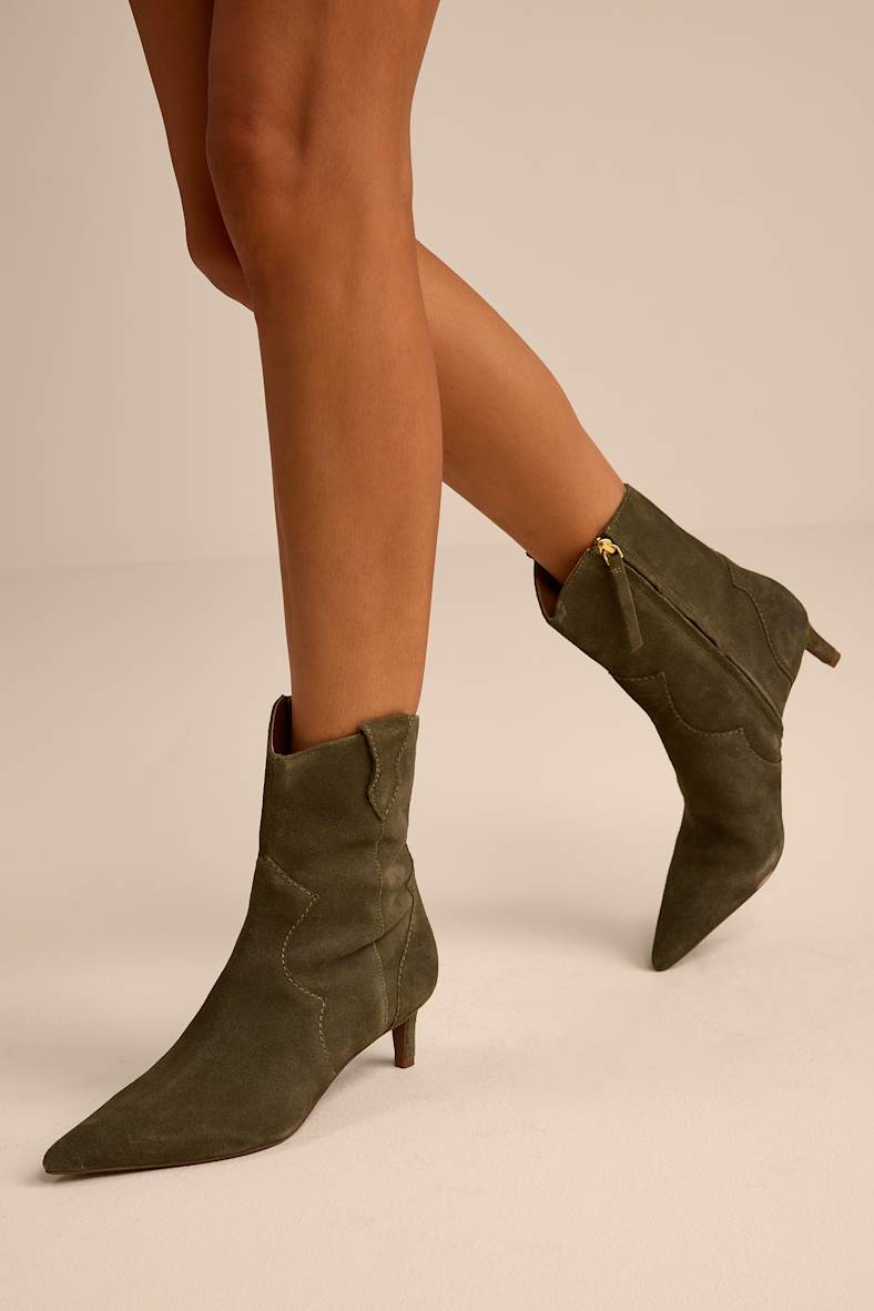 Dallas Olive Suede Leather Western Kitten Heel Booties