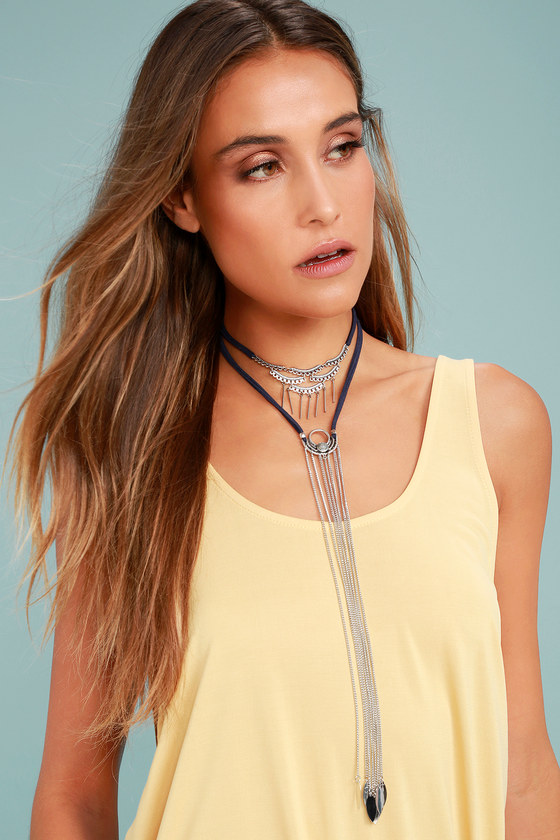Gleam-work Silver and Navy Blue Layered Choker Necklace