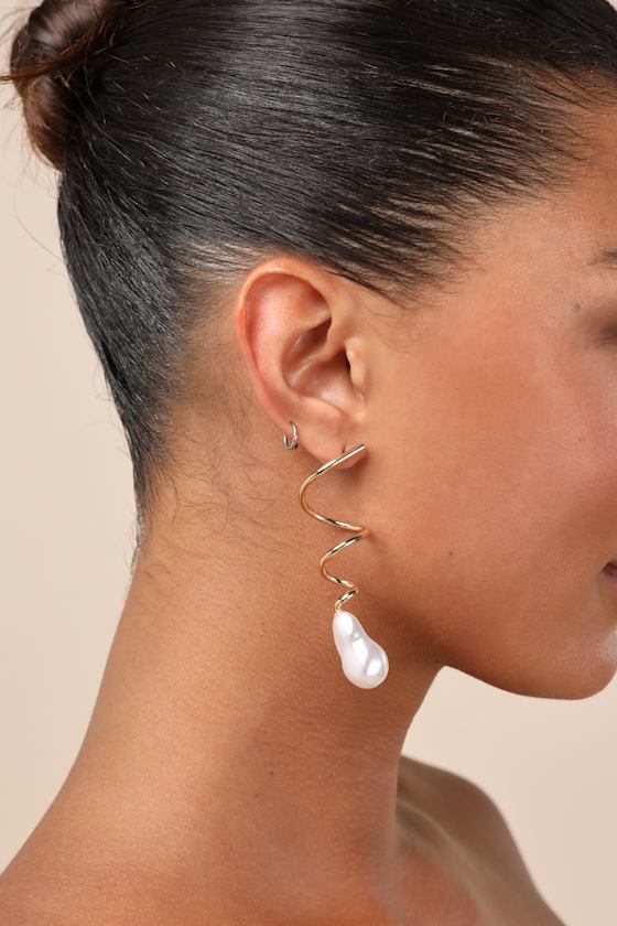 Tenley Gold Pearl Spiral Drop Earrings 1