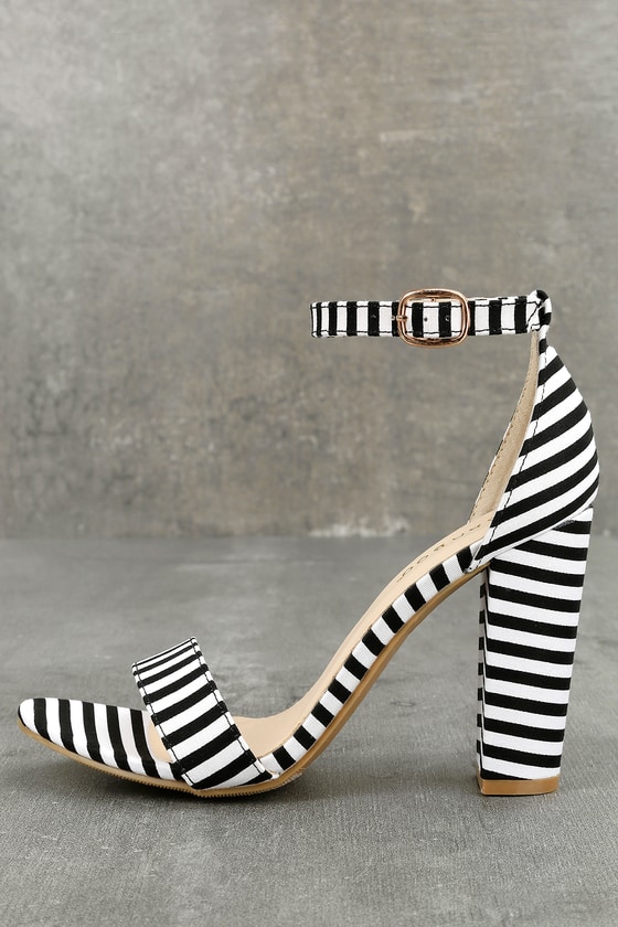 Veda Black and White Striped Ankle Strap Heels