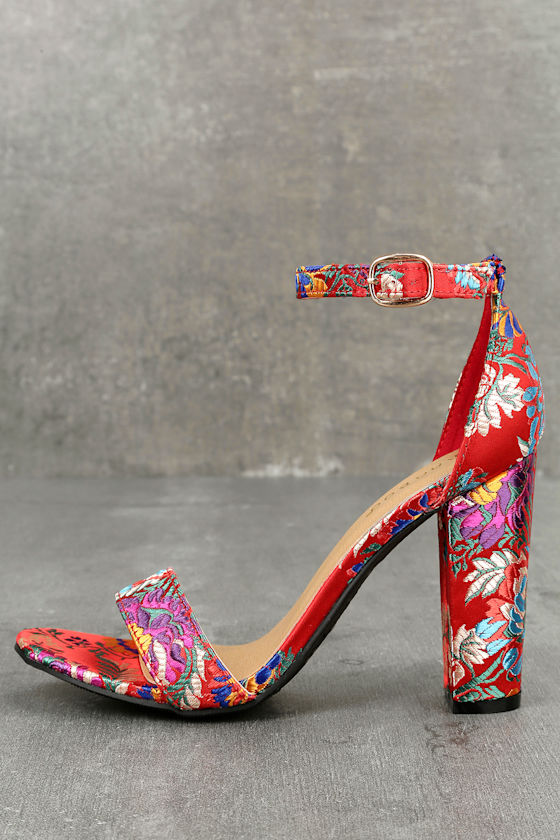 Veda Red Floral Brocade Ankle Strap Heels 1