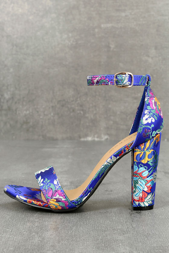 Veda Blue Floral Brocade Ankle Strap Heels 1