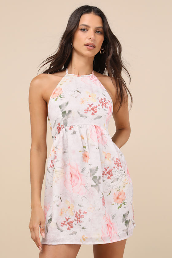 Ivory Floral Dress - Halter Mini Dress - A-Line Halter Dress