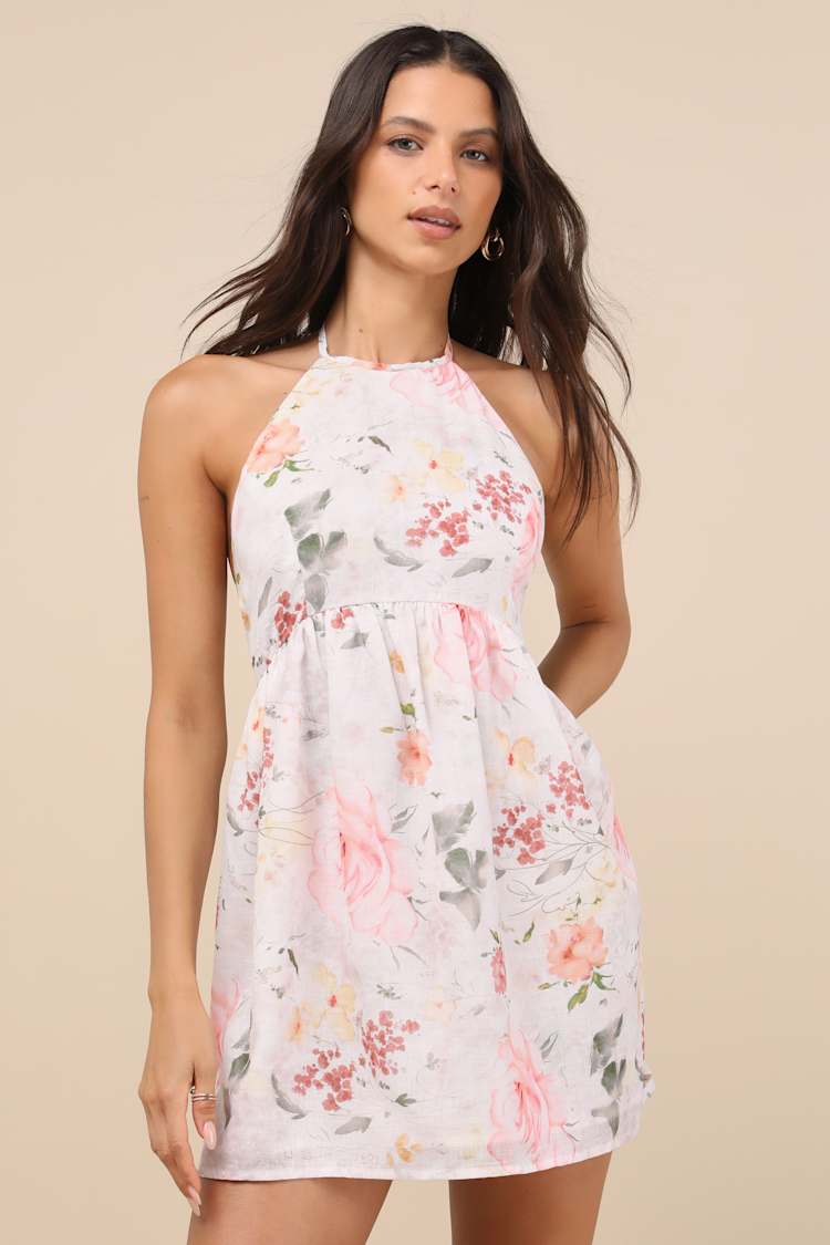sachin and babi light blue dress Ivory Floral Dress - Halter Mini Dress - A-Line Halter Dress