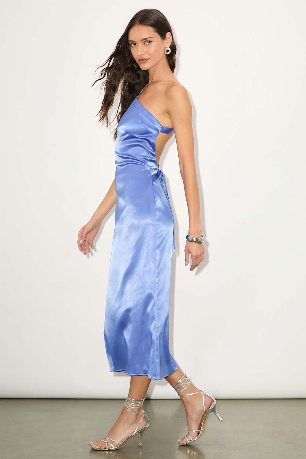Yvonne Light Blue Satin One-Shoulder Midi Dress