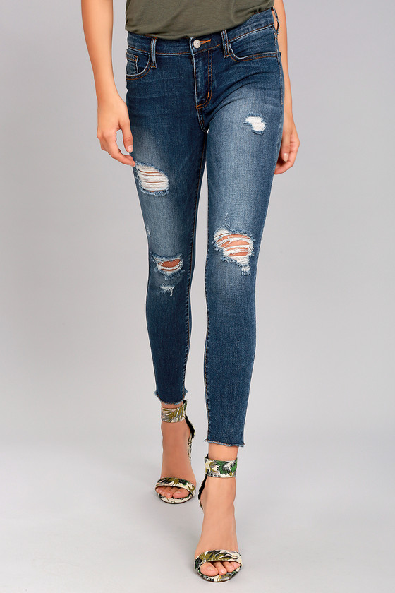 Trendy Distressed Jeans - Stretch Jeans - Medium Wash Jeans