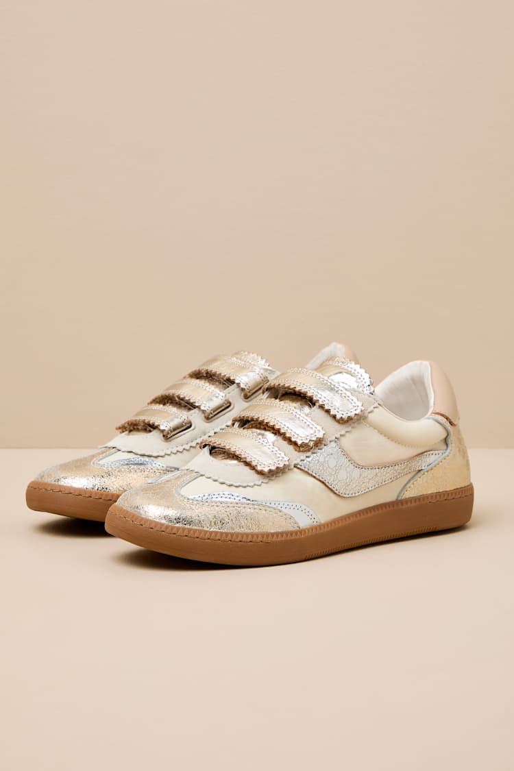 Notice Silver and Gold Distressed Leather Velcro Sneakers