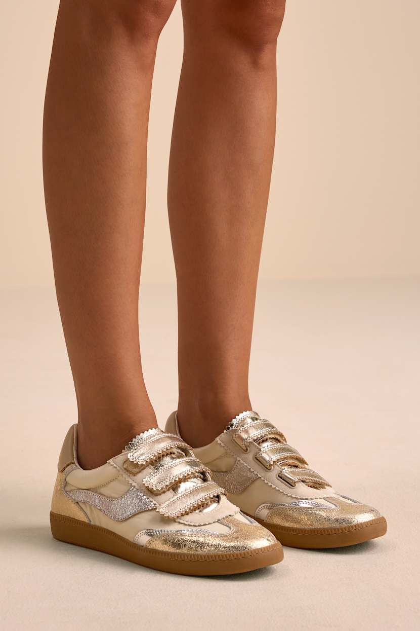 Notice Silver and Gold Distressed Leather Velcro Sneakers