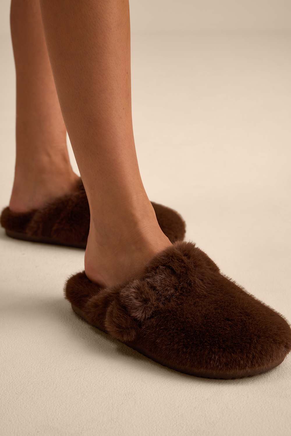 Portland Taupe Faux Fur Mule Slippers