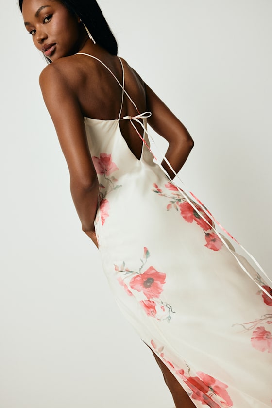 Dansy Light Beige Floral Cowl Neck Tie-Back Maxi Dress 3