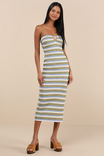 Mileka Green Striped Textured Knit Strapless Midi Sweater Dress 1