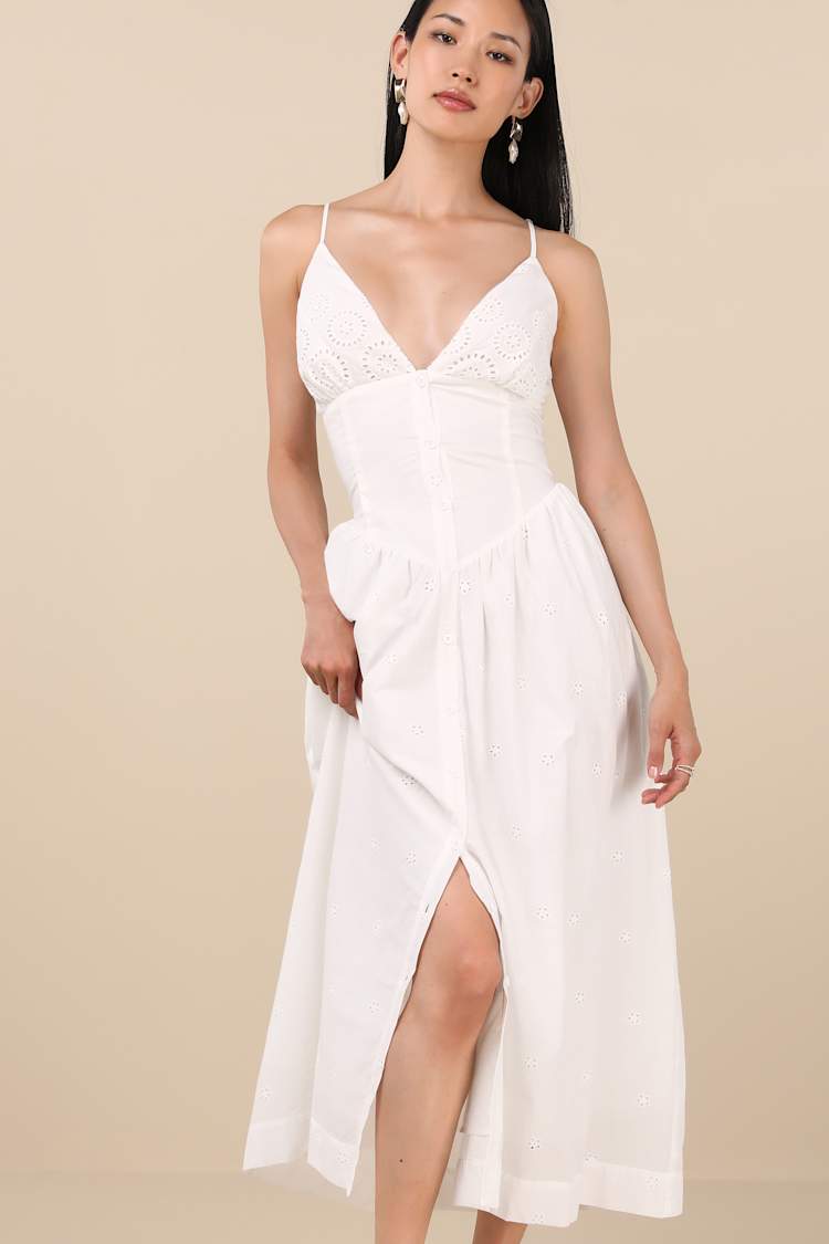 Zahrah White Eyelet Embroidered Button-Front Midi Dress