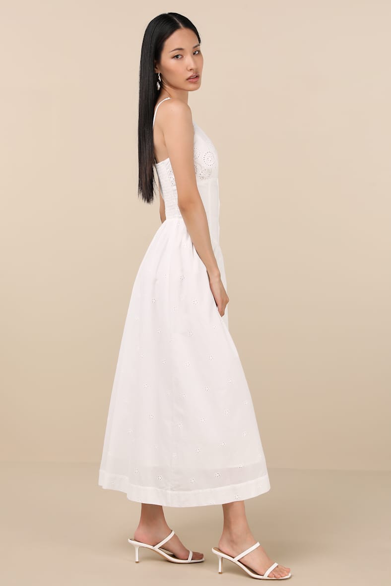 Zahrah White Eyelet Embroidered Button-Front Midi Dress