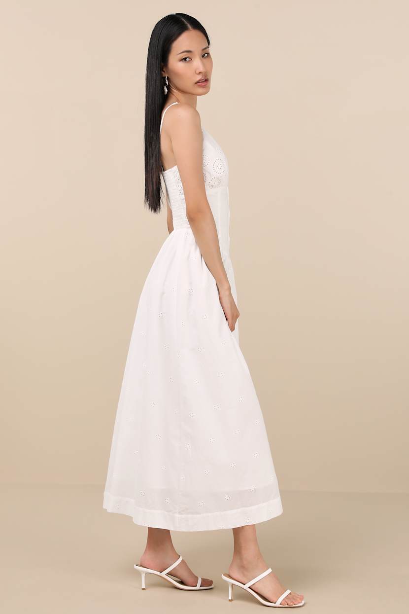 White Eyelet Embroidered Dress - Button-Front Dress - Midi Dress - Lulus