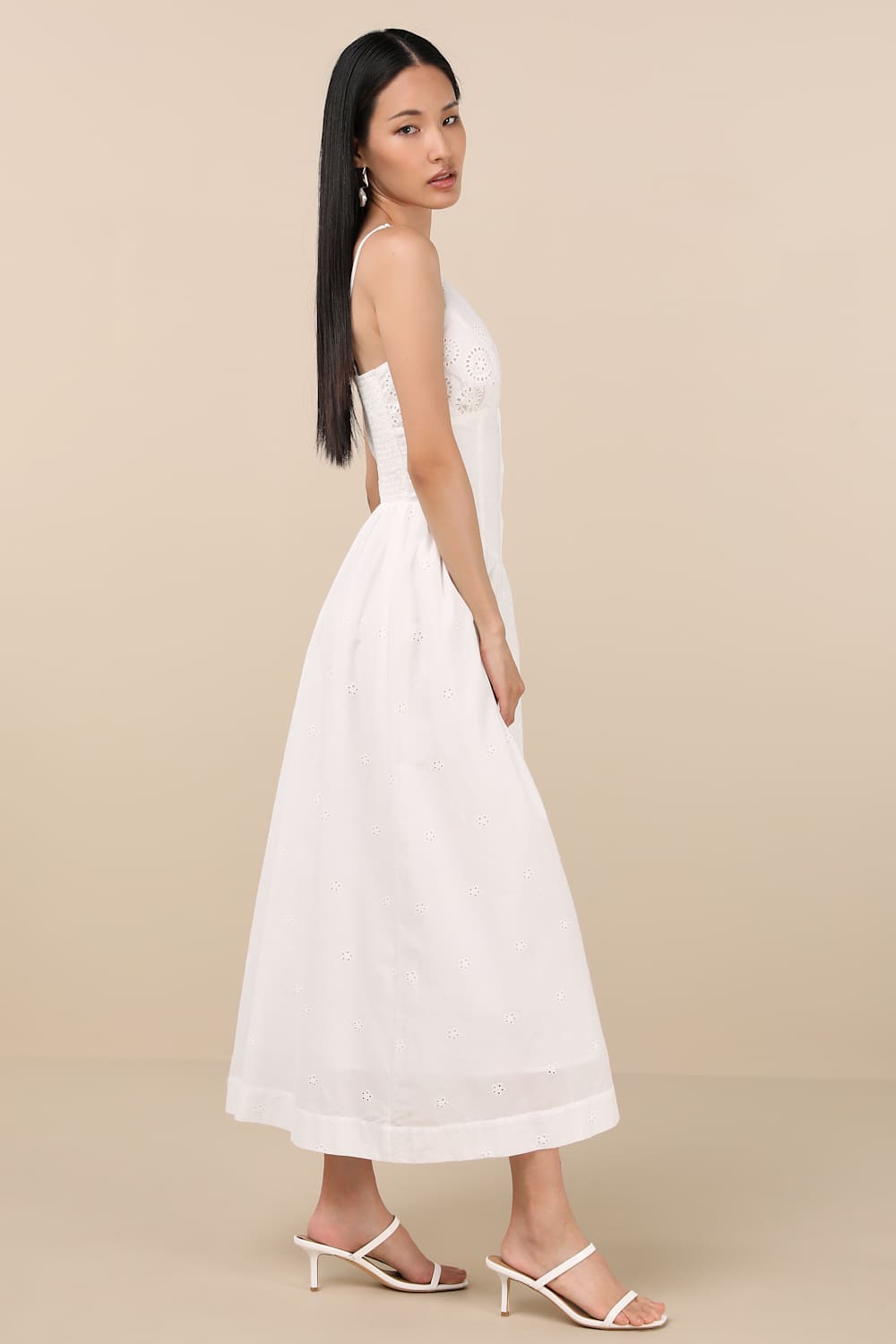 Zahrah White Eyelet Embroidered Button-Front Midi Dress