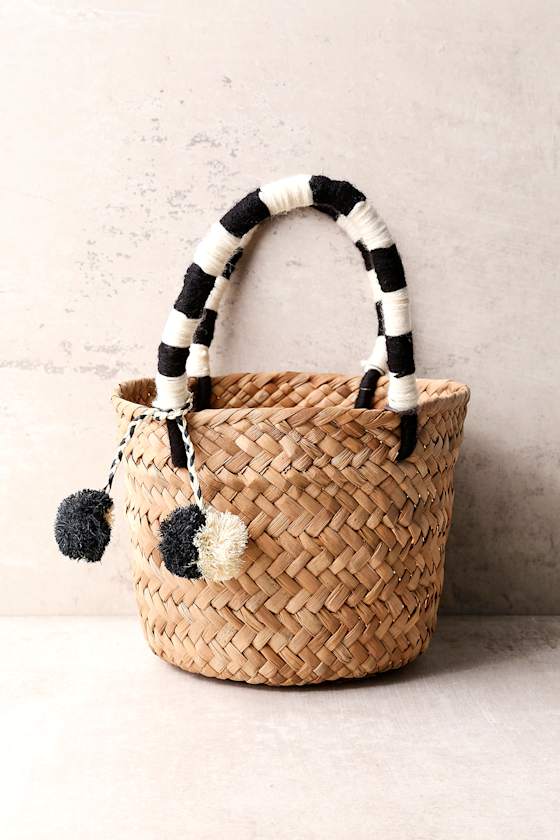 KAYU Mini St. Tropez Beige and Black Woven Basket Bag 2