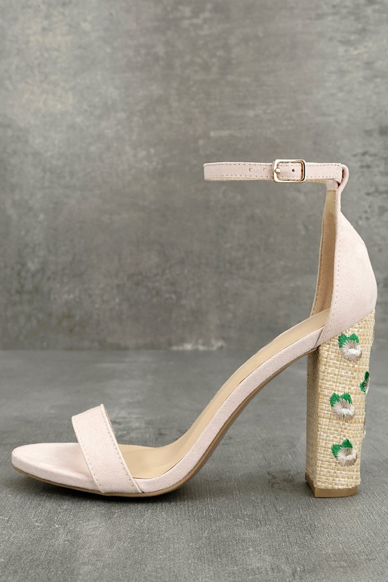 Fawna Nude Suede Embroidered Ankle Strap Heels 1
