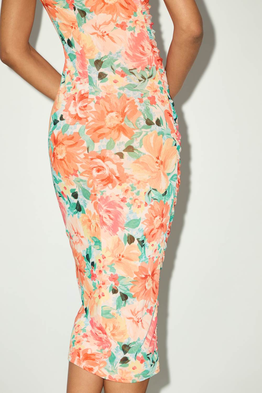 Date Night Beauty Orange Floral Print Mesh Ruched Midi Dress