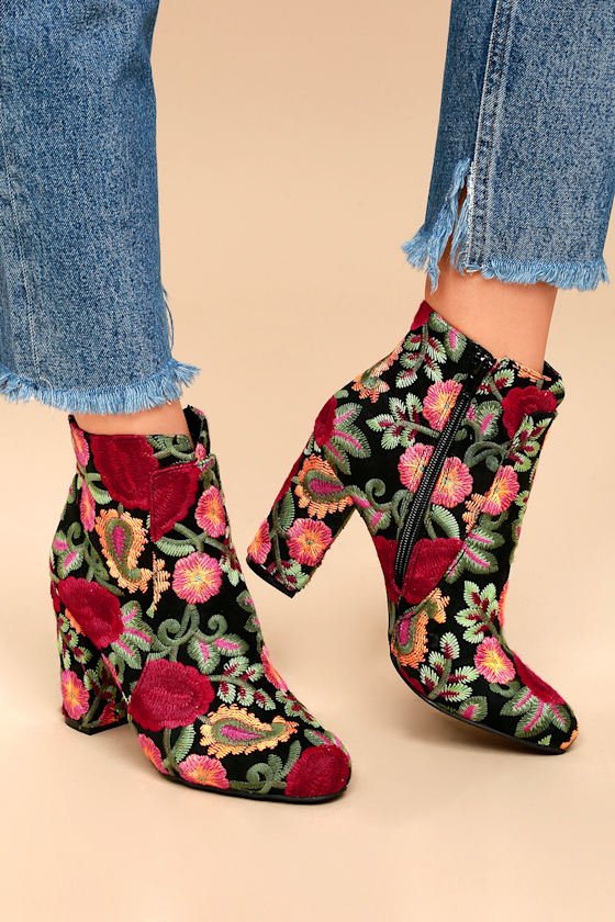 Chic Floral Embroidered Booties Black Ankle Booties Lulus