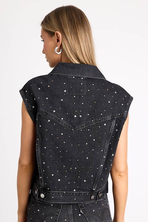 Levi's Shrunken Vest - Black Bedazzled Denim Vest - Trucker Vest