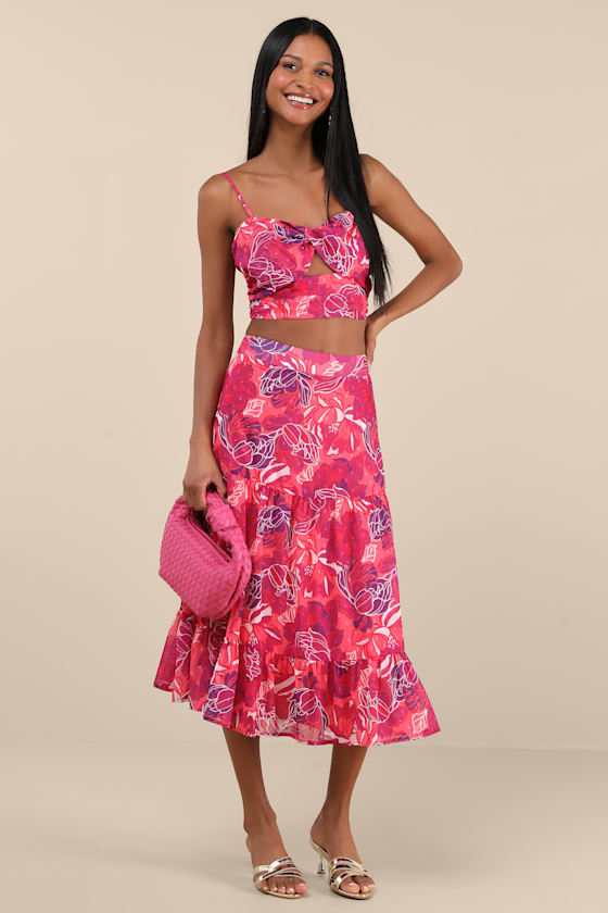 Floating Through Flowers Pink Floral Two-Piece Midi Dress