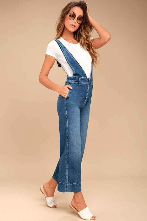 Free People A-Line Medium Wash Overalls 2