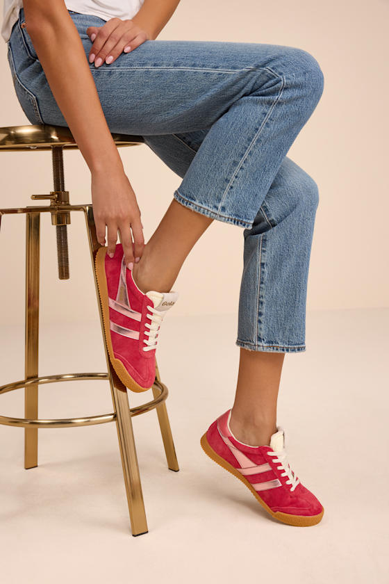 Elan Glitz Red and Pink Suede Lace-Up Sneakers 1