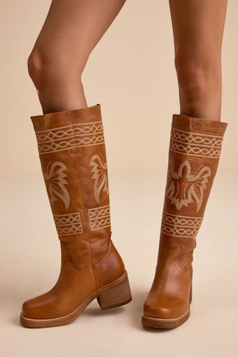 Avalon Tan Leather Embroidered Knee-High Boots 1