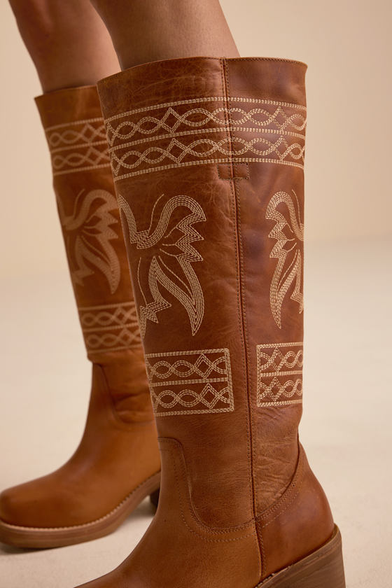 Dingo Avalon Tan - Leather Knee-High Boots - Embroidered Boots - Lulus