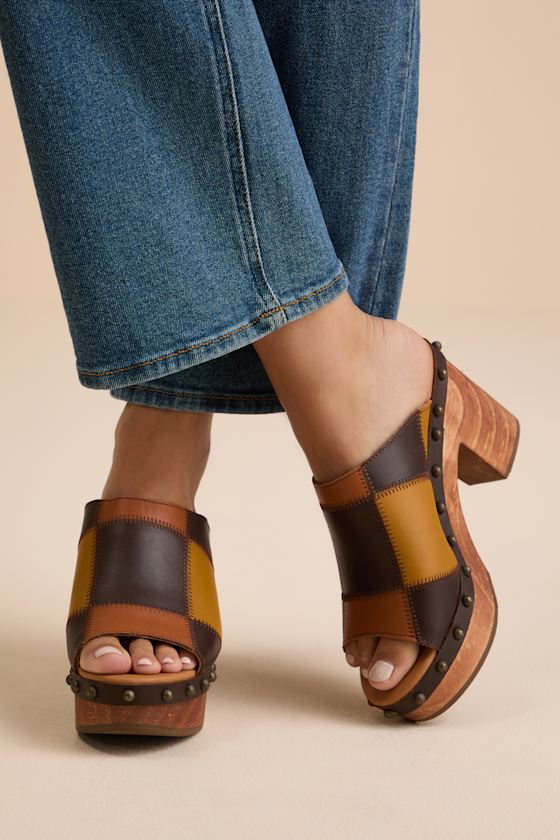 Dingo Mosaic Multi Leather Patchwork Wooden Platform Slide Sandals In Brown
